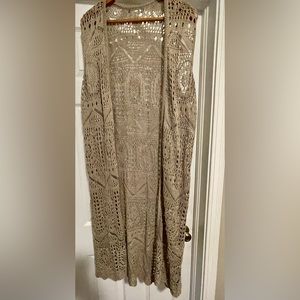 Boho Sleeveless Crochet Open Front Knit Cardigan Duster Size Large